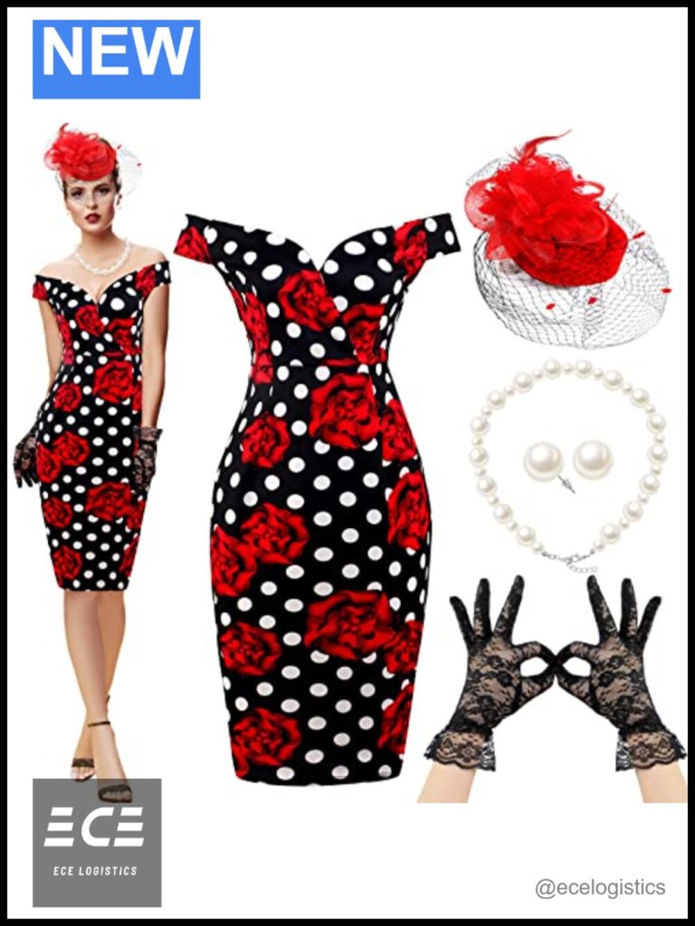 1950s Tea Party Costume Dress Set with Headpiece Gloves Pearl Jewelry